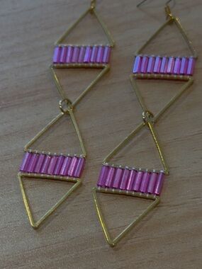 Hand Crafted Gold and Pink Triangular Drop Earrings